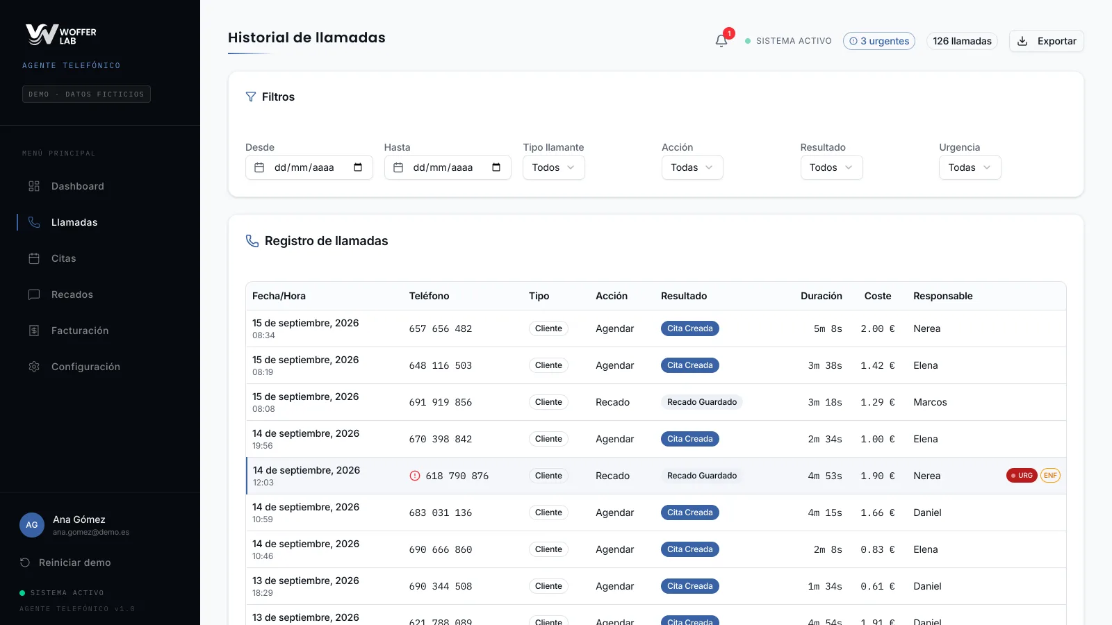 Historial de llamadas atendidas por WofferDonna
