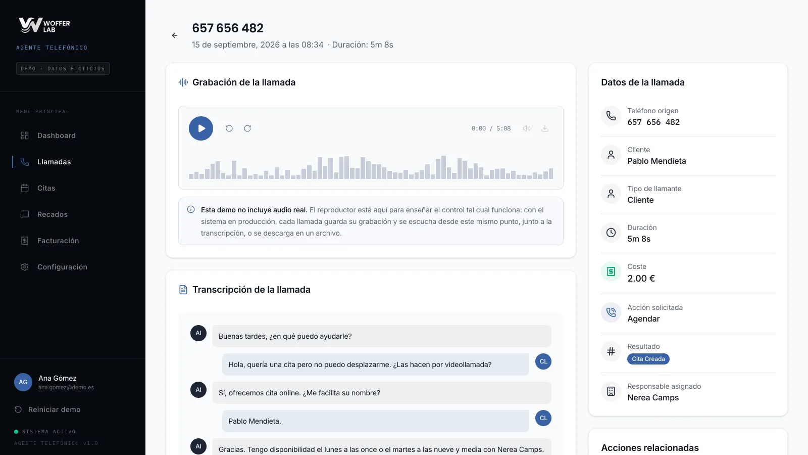 Detalle de una llamada con grabación y transcripción